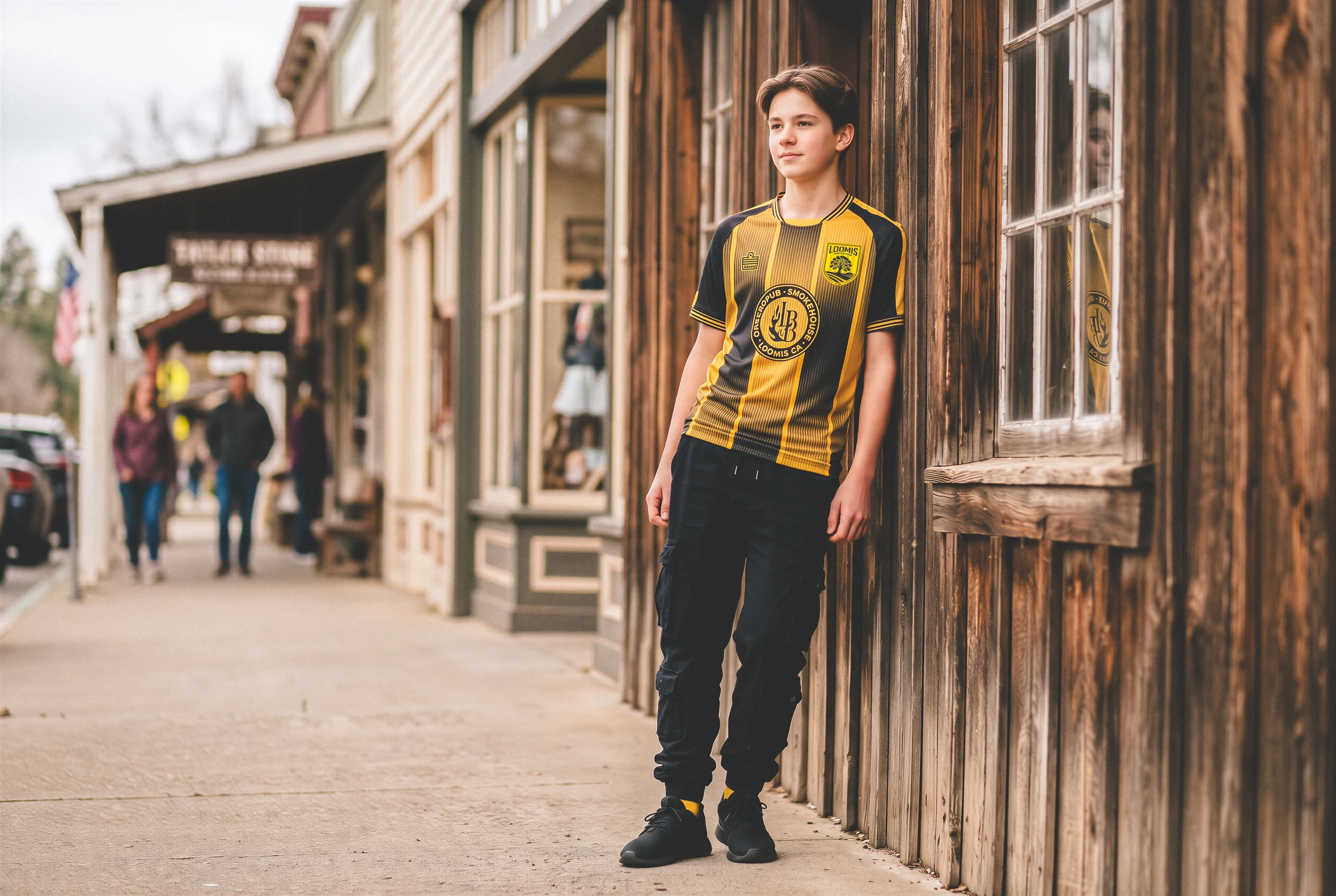 Loomis player in the home shirt on a historic downtown street